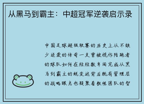 从黑马到霸主：中超冠军逆袭启示录