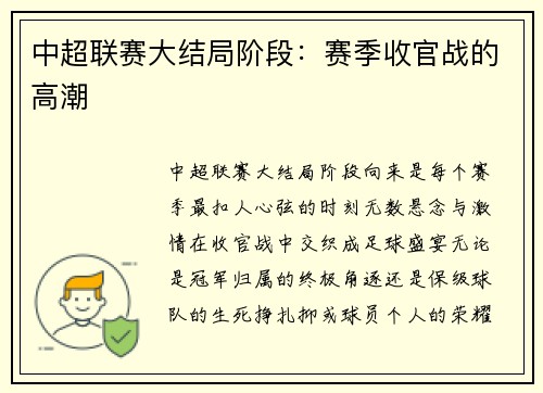 中超联赛大结局阶段：赛季收官战的高潮