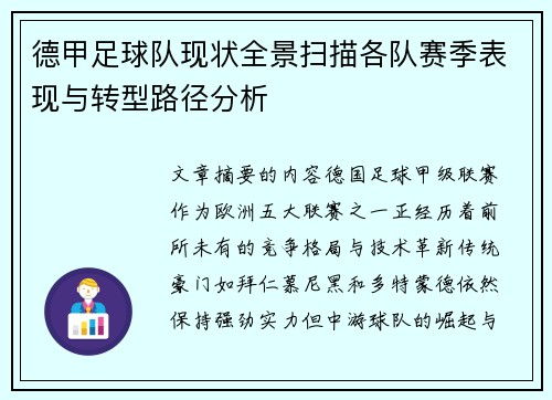 德甲足球队现状全景扫描各队赛季表现与转型路径分析