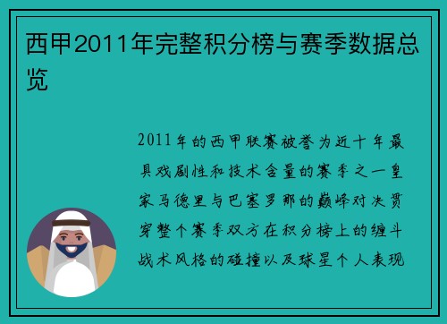 西甲2011年完整积分榜与赛季数据总览